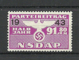 Germany Deutsches Reich 1943 Revenue Tax Taxe Gebührenmarke NSDAP Parteibeitrag Halbjahr 91,80 RM (*) - Other & Unclassified