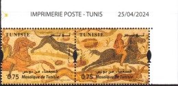 2024-Tunisie- Mosaïque -Scène De Chasse -Cavaliers -Chien -Lapin- Paire Coin Daté + Bloc Perforé  /MNH***** - Perros