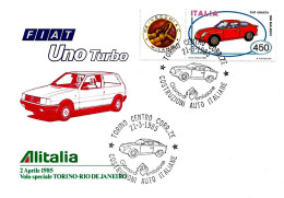 ITALIA ITALY - 1985 TORINO Auto Costruzioni Automobilistiche (Fiat Abarth 1000) Su Busta Speciale Volo Torino-Rio - 3103 - Voitures