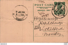 India Postal Stationery George VI 9p Bombay Bilaspur Cds - Postkaarten