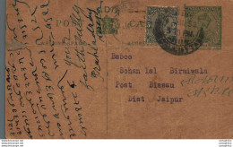 India Postal Stationery George V 1/2 A To Jaipur - Cartoline Postali