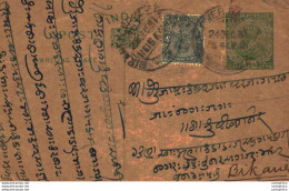 India Postal Stationery George V 1/2 A To Bikaner - Cartes Postales