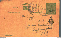 India Postal Patiala Stationery George V 1/2 A Sujangarh Cds - Patiala