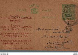 India Postal Patiala Stationery George V 1/2 A Khetsidas Nagarmal Bhatinda To Kishangarh - Patiala