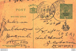 India Postal Stationery Patiala State 1/2A Sujangarh Cds Barnala Cds - Patiala