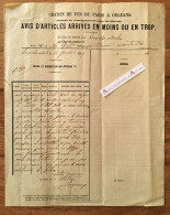 ● 1869 Chemin De Fer De Paris à Orléans : Articles Arrivés En Moins Ou En Trop - Rare Vieux Papier Chemins De Fer Train - 1800 – 1899