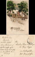 Glückwunsch Neujahr/Sylvester Patriotisch (Flaggen) Geschmücktes Haus 1910 - New Year