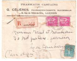 BAGNERES De LUCHON Hte Garonne Lettre Recommandée Entête Pharmacie 1F Paix Rose 50c Semeuse Turquoise Yv 362 369 Ob 1939 - 1921-1960: Modern Period