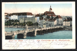 AK Basel, Alte Rheinbrücke Mit St. Martinskirche, Strassenbahn Bei Brückenüberfahrt  - Bazel