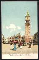Cartolina Venezia, Piazza E Basilica Di S. Marco, Passanten Auf Dem Markusplatz Vor Der Basilika  - Venetië (Venice)