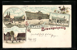 Lithographie Braunschweig, Burg Dankwarderode, Residenz-Schloss, Altstadtmarkt  - Braunschweig