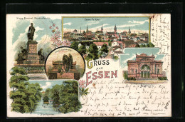 Lithographie Essen A. D. Ruhr, Gesamtansicht, Krupps Grabdenkmal, Stadtgarten Und Stadttheater  - Théâtre