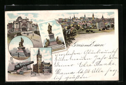 Lithographie Essen, Krupp-Kanone, Stadttheater, Krupp-Denkmal, Rathaus, Ortspartie  - Teatro