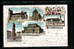 Lithographie Braunschweig, Der Dom, Gewandhaus, Sieges-Denkmal  - Braunschweig