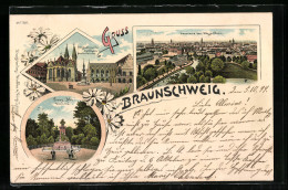 Lithographie Braunschweig, Franz Abt-Denkmal, Altstadtmarkt Mit Rathaus U. Martinikirche, Totalansicht  - Braunschweig