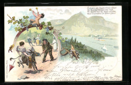 Lithographie Drachenfels, Frau Fliegt Von Esel, Kind Mit Trompete, Drachen  - Drachenfels