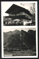 AK Oberammergau, Restaurant Pschorr-Bräu-Ausschank, Gesamtansicht Gegen Die Berge  - Oberammergau