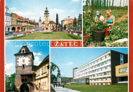 73356616 Zatec Ringplatz Dreifaltigkeitssaeule Rathaus Priestertor Firmengebaeud - Tschechische Republik