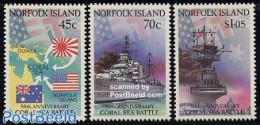 Norfolk Island 1992 Coral Sea Battle 3v, Mint NH, History - Transport - Flags - Militarism - World War II - Ships And .. - Militares