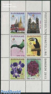 Suriname, Republic 2013 Stamp Expo Bangkok 6v M/s, Mint NH, Nature - Religion - Birds - Flowers & Plants - Churches, T.. - Chiese E Cattedrali