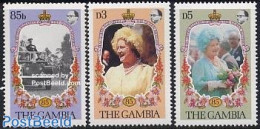 Gambia 1985 Queen Mother 3v, Mint NH, History - Transport - Kings & Queens (Royalty) - Automobiles - Case Reali