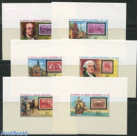 Liberia 1975 American Bicentenary 6 S/s, Mint NH, History - Transport - US Bicentenary - Stamps On Stamps - Ships And .. - Postzegels Op Postzegels