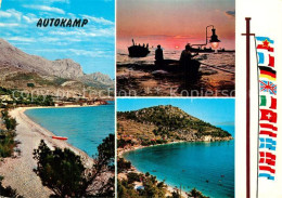 73356071 Makarska Dalmatien Autokamp Badestrand Kueste Fischerboote Sonnenunterg - Croatia