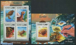 Uganda 2013 Turtles 2 S/s, Mint NH, Nature - Turtles - Stamps On Stamps - Sellos Sobre Sellos