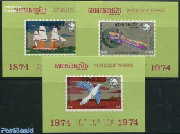 Cambodia 1974 UPU Centenary 3 S/s, Mint NH, Nature - Transport - Birds - U.P.U. - Ships And Boats - Space Exploration - U.P.U.