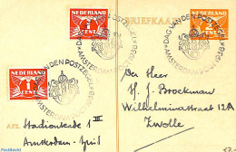 Netherlands, Fdc Stamp Day 1938 Postcard 2c, With Stamp Day Cancellations, Used Postal Stationary, Stamp Day - Journée Du Timbre