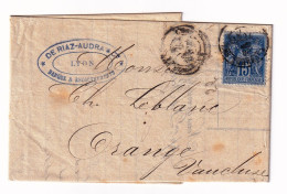 Lettre 1880 Sage 15c Lyon Rhône Pour Orange Vaucluse Riaz Audra Banque Recouvrement Bank Finance - 1876-1898 Sage (Tipo II)