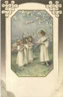 Carte Gaufrée Petits Anges  Recevant Des Lys RV - Angels