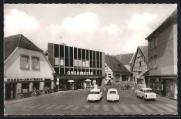 AK Ibbenbüren, Rosen-Apotheke Und Kaufhaus Overmeyer Am Unteren Markt, VW Käfer  - Ibbenbueren