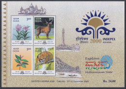 Inde India 2000 MNH Indepex Asiana, Stamp Exhibition, Deer, Loris, Guava, Lily, Flowers, Wildlife, Bridge, Boat, Sheet - Neufs