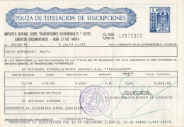 Póliza De TITULACIÓN DE SUSCRIPCIONES—Timbre Clase única, 5 Ptas—Timbrología—Entero Fiscal 1975 - Revenue Stamps