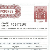 Póliza De TITULACIÓN DE SUSCRIPCIONES—Timbre Clase única, 25 Ptas—Timbrología—Entero Fiscal 1988 - Revenue Stamps