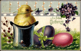 Gaufré CPA Glückwunsch Ostern, Küken Im Zylinder, Ostereier, Veilchen, Weidenkätzchen - Easter