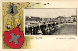 Gaufré Blason Passepartout Lithographie Basel Bâle Stadt Schweiz, Alte Rheinbrücke Und Klein Basel - Autres & Non Classés