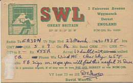 X120935 CARTE QSL RADIO AMATEUR SWL GRANDE BRETAGNE GREAT BRITAIN ANGLETERRE ENGLAND WEYMOUTH DORSET EN 1949 - Amateurfunk