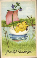 CPA Glückwunsch Ostern, Küken Im Segelboot, Eierschale, Blume - Pascua