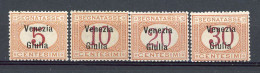 GIULIA  Yv. SA,  TAXE N° 1 à 4 (*) *  5c à "30c Timbres D'Italie 1870-1994 Surcharge  Cote 18 Euro BE  2 Scans - Venezia Julia