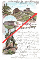 Litho AK Gruß Schneekoppe Riesengebirge 1899 Snezka Sniezka Preußische Böhmische Baude Riesenbaude Stempel Petzer Pec - Sudeten