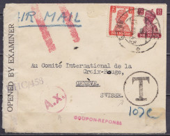 Inde - Env. Par Avion Affr. 14A Càpt (bureau Militaire ?) 12 JUN 1943 Pour Croix-Rouge à GENEVE Suisse - Griffe "COUPON- - Bahawalpur