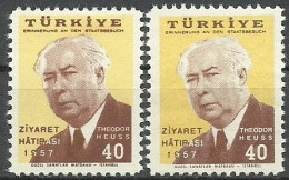 Turkey; 1957 Visit Of The President Of Germany To Turkey "Color Variety" - Unused Stamps
