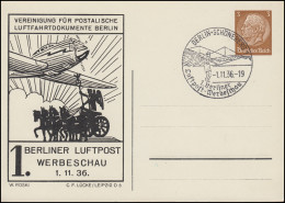 PP 122 Berliner Luftpost-Werbeschau Schmuck-PK Passender SSt BERLIN 1.11.1936 - Explorateurs