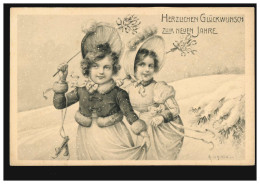 Ansichtskarte Neujahr Zwei Mädchen Mit Schlittschuhen, MÜNCHEN 31.12.1907 - New Year
