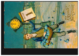 Ansichtskarte Prosit Neujahr Junge Kalenderblatt Uhr, NIEDERLINDHART 30.12.1907 - Nieuwjaar