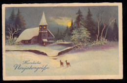 AK Neujahr: Winterlandschaft Mit Kirche Und Rehen Bei Nacht, STRAUBING 29.12.32 - Nouvel An