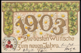 Präge-AK Neujahr: Vergoldete 1903 Marienkäfer Hufeisen Glücksklee, 31.12.1902 - Año Nuevo