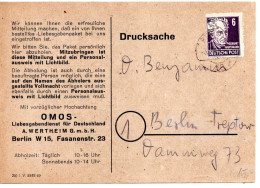 64088 - SBZ - 1949 - 6Pfg Hauptmann EF A OrtsDrucksKte BERLIN, Abs: OMOS Liebesgabendienst - Lettres & Documents